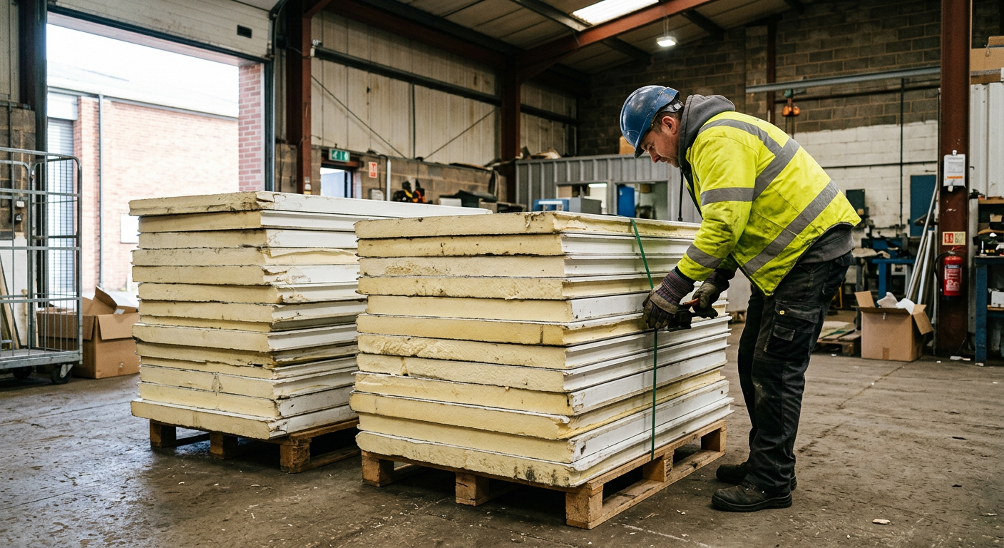 Dismantled insulated cold room panels stacked and strapped on pallets in an industrial unit