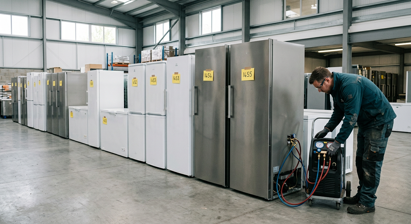 A technician recovering refrigerant gas from a tagged domestic fridge beside a row of collected fridge freezers