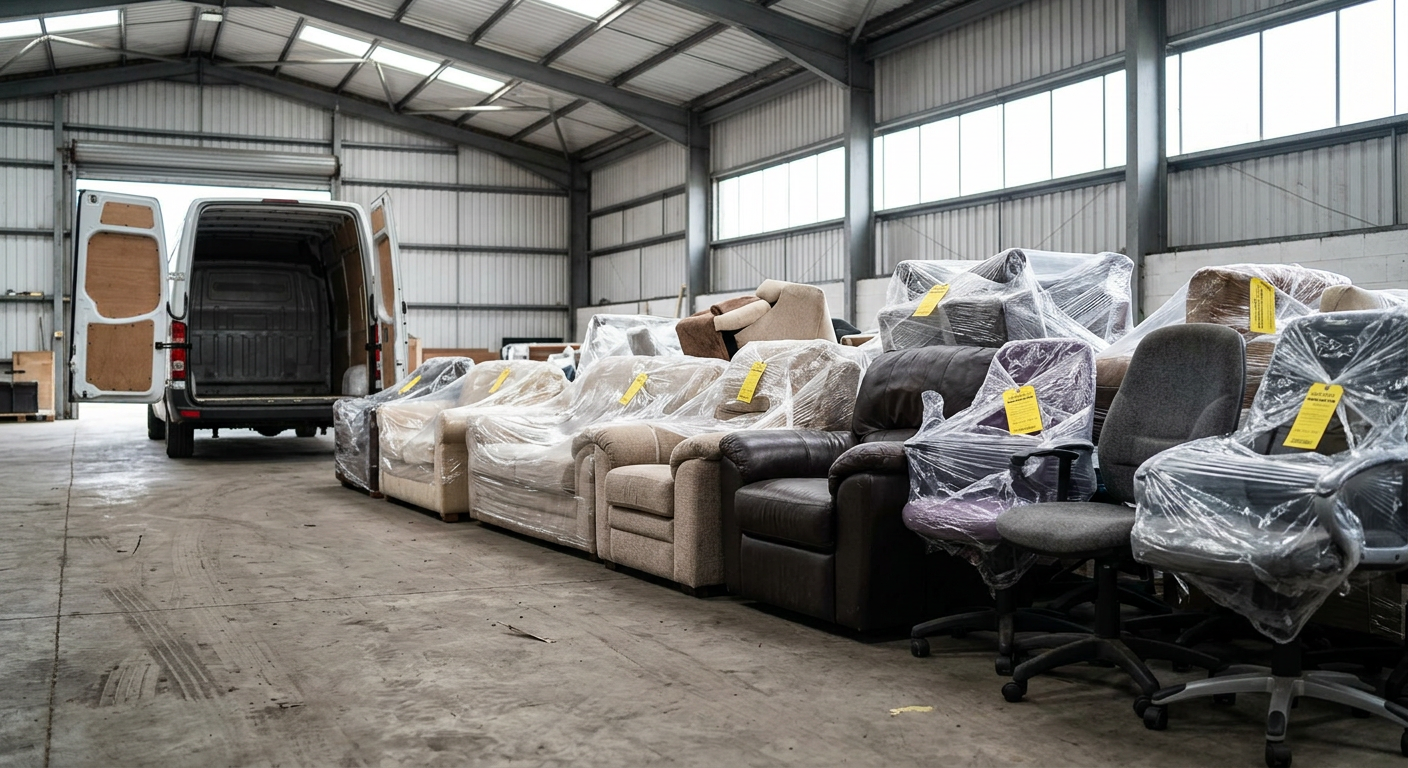 Upholstered sofas, armchairs and office chairs wrapped and tagged for POPs waste collection